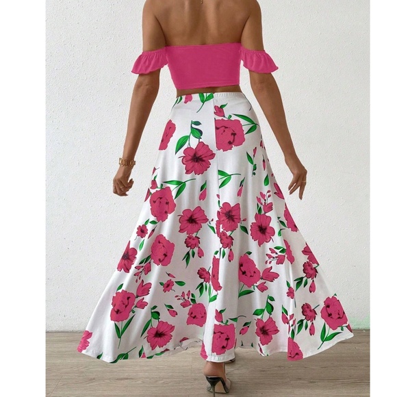 Boho Floral Print Ruffle Sleeve Crop Top Maxi Skirt set - Picture 7 of 10
